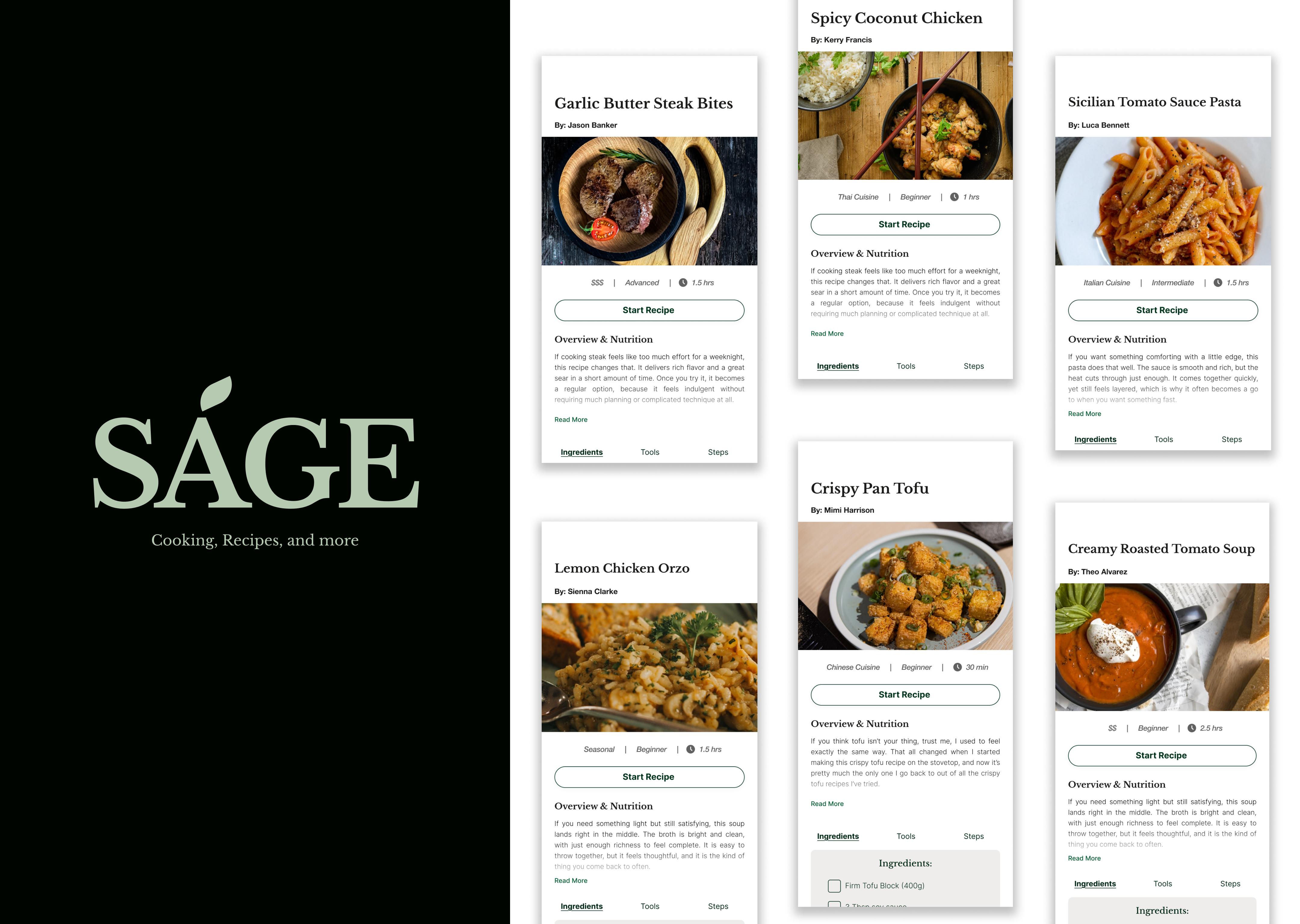 Sage Cooking hero: SÁGE wordmark alongside recipe card screens